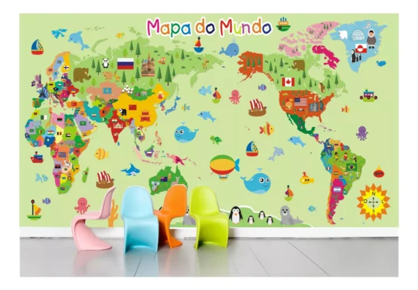 Adesivo Infantil Mapa Mundi Papel De Parede 2m² Colorido M08