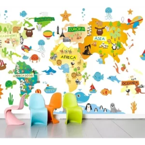 Adesivo Infantil Mapa Mundi Papel De Parede Zoo Animais M07