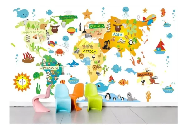 Adesivo Infantil Mapa Mundi Papel De Parede Zoo Animais M07