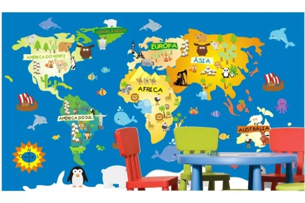 Adesivo Infantil Papel De Parede Mapa Mundi Decorativo Bebe