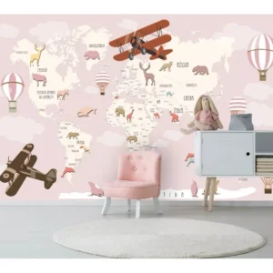 Adesivo Infantil Papel De Parede Mapa Mundi Rosa Decoração Quarto Menina M112