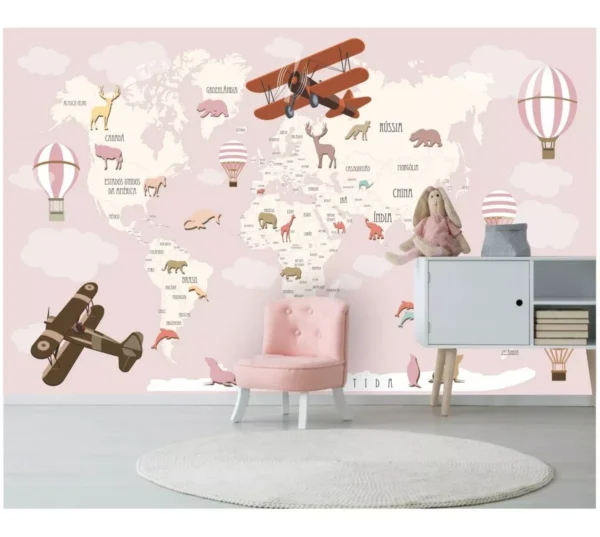 Adesivo Infantil Papel De Parede Mapa Mundi Rosa Decoração Quarto Menina M112