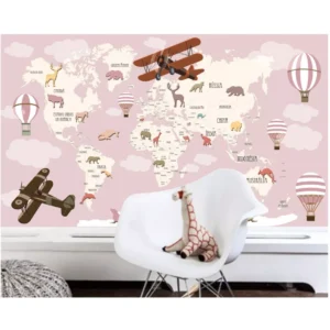 Adesivo Infantil Papel De Parede Mapa Mundi Rosa Menina M112