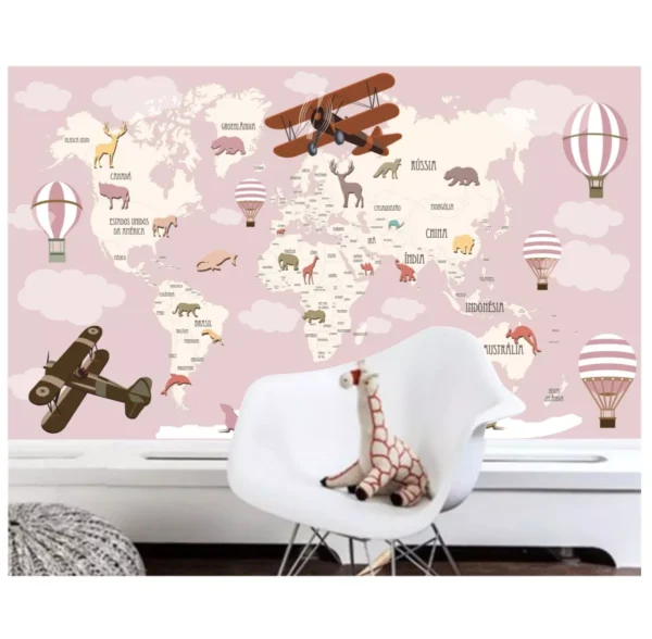 Adesivo Infantil Papel De Parede Mapa Mundi Rosa Menina M112