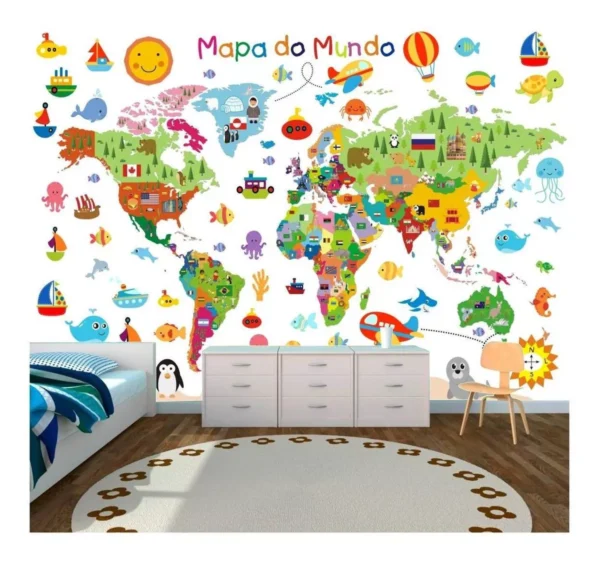 Adesivo Mapa Mundi Papel De Parede Infantil 1,90x1,60m Gg13