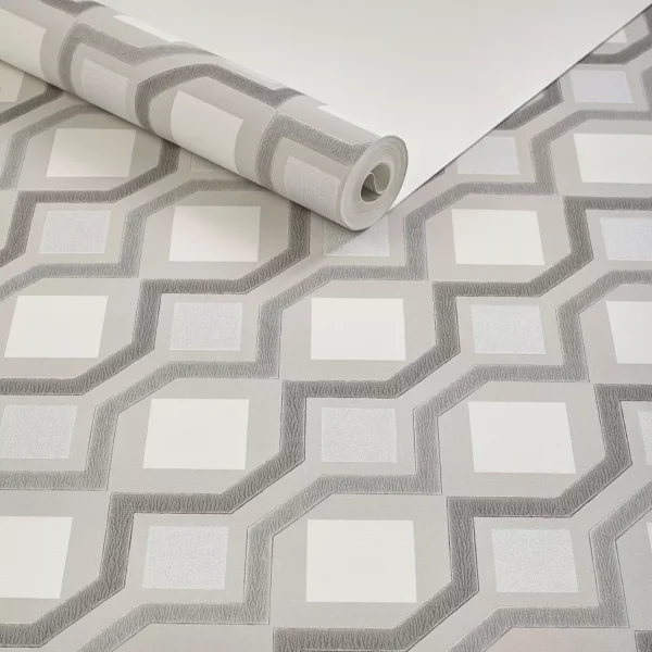 Papel De Parede 3d Geométrico Cinza Off White Quadrados Top