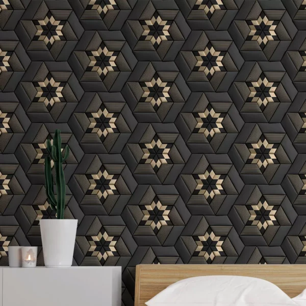 Papel De Parede 3d Geométrico Preto E Dourado Vinil 12m