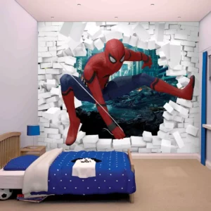 Papel De Parede 3d Homem Aranha Entrando Parede M² Nhma79