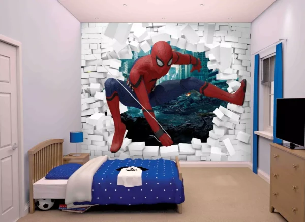 Papel De Parede 3d Homem Aranha Entrando Parede M² Nhma79