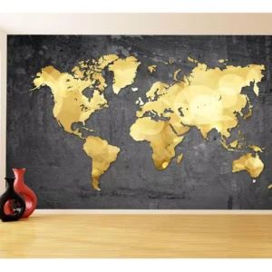 Papel De Parede 3d Mapa Mundi Concreto Dourado 3,5m Nmu53