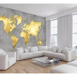 Papel De Parede 3d Mapa Mundi Concreto Dourado 7,5m² Nmu30