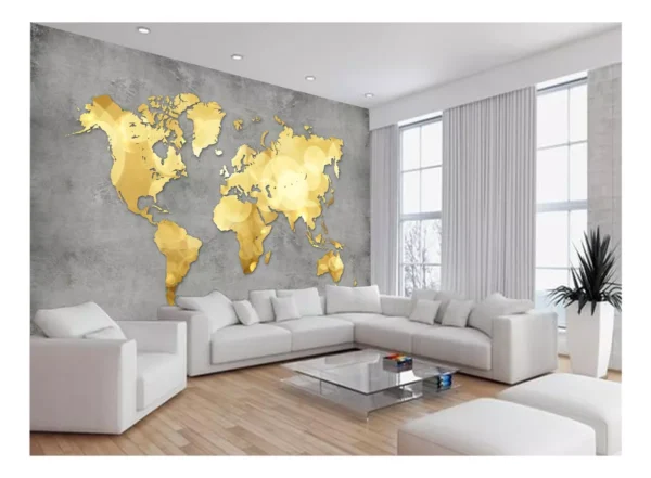 Papel De Parede 3d Mapa Mundi Concreto Dourado 7,5m² Nmu30