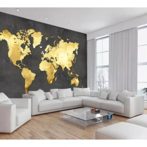 Papel De Parede 3d Mapa Mundi Concreto Dourado 7,5m² Nmu34