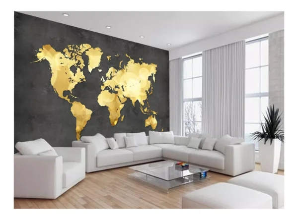 Papel De Parede 3d Mapa Mundi Concreto Dourado 7,5m² Nmu34