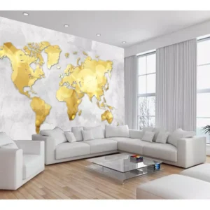 Papel De Parede 3d Mapa Mundi Concreto Dourado 7,5m² Nmu39