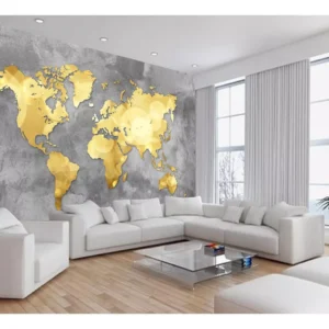 Papel De Parede 3d Mapa Mundi Concreto Dourado 7,5m² Nmu43