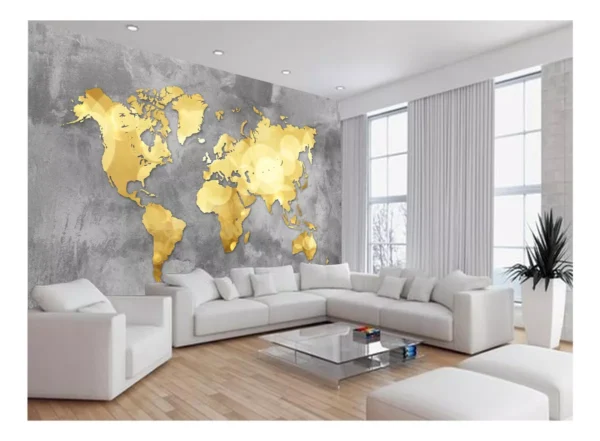 Papel De Parede 3d Mapa Mundi Concreto Dourado 7,5m² Nmu43