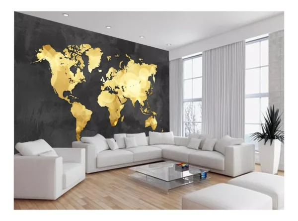 Papel De Parede 3d Mapa Mundi Concreto Dourado 7,5m² Nmu48