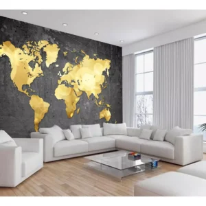 Papel De Parede 3d Mapa Mundi Concreto Dourado 7,5m² Nmu53