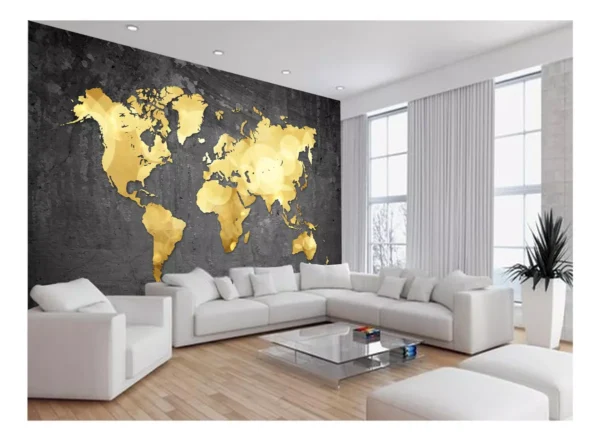 Papel De Parede 3d Mapa Mundi Concreto Dourado 7,5m² Nmu53