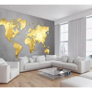 Papel De Parede 3d Mapa Mundi Concreto Dourado 7,5m² Nmu59