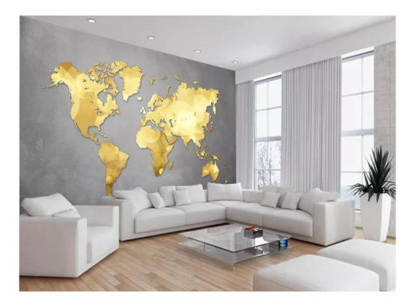 Papel De Parede 3d Mapa Mundi Concreto Dourado 7,5m² Nmu59