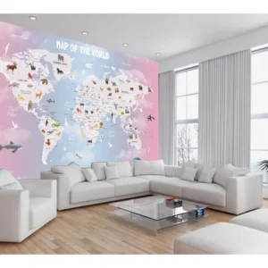 Papel De Parede 3d Mapa Mundi Infantil Animais 7,5m² Nmu86