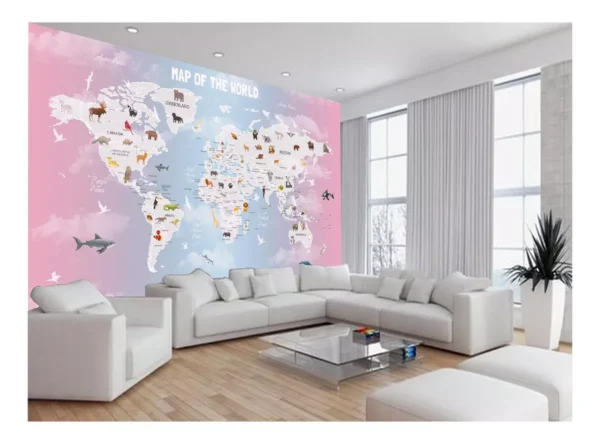 Papel De Parede 3d Mapa Mundi Infantil Animais 7,5m² Nmu86