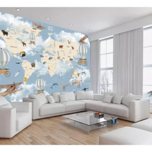 Papel De Parede 3d Mapa Mundi Kids Avião Balão 7,5m² Nmu88