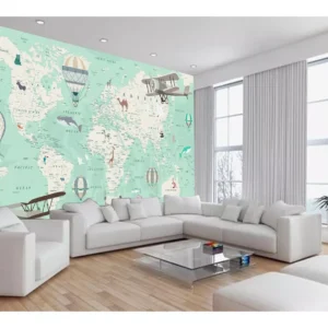 Papel De Parede 3d Mapa Mundi Kids Avião Balão 7,5m² Nmu92