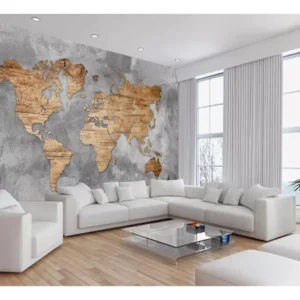 Papel De Parede 3d Mapa Mundi Madeira Concreto 7,5m² Nmu44