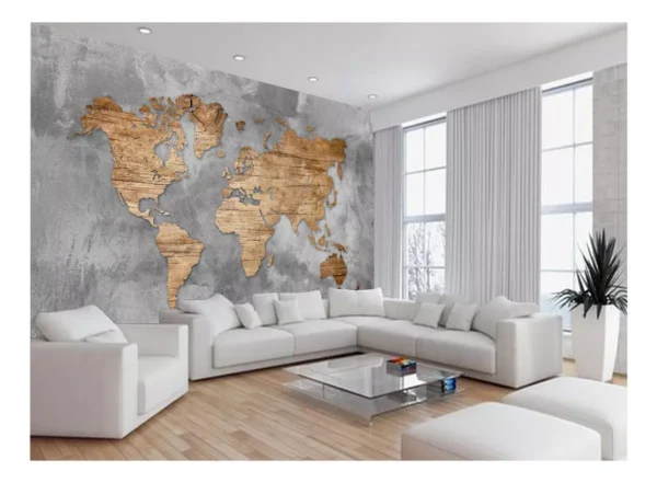 Papel De Parede 3d Mapa Mundi Madeira Concreto 7,5m² Nmu44