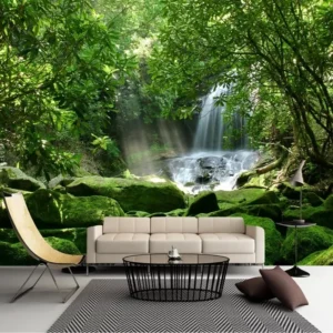 Papel De Parede 3d Paisagem Cachoeira Pedras Floresta Gg394