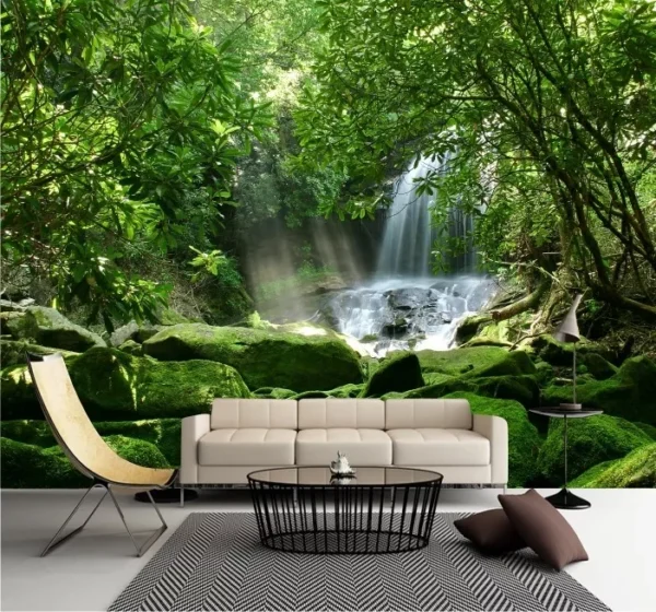 Papel De Parede 3d Paisagem Cachoeira Pedras Floresta Gg394