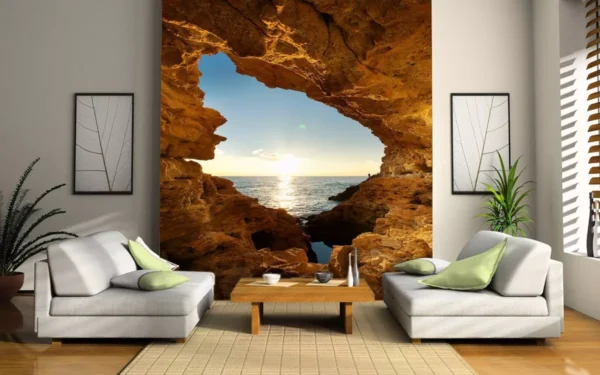 Papel De Parede 3d Paisagem Caverna Céu Mar - M² - Mod Cav52