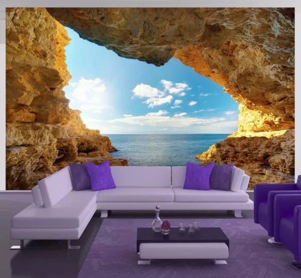 Papel De Parede 3d Paisagem Caverna Céu Mar - M² - Mod Cav56