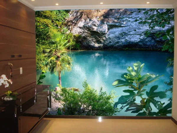 Papel De Parede 3d Paisagem Lago Folhas Arvores 4,5m² Nlk32