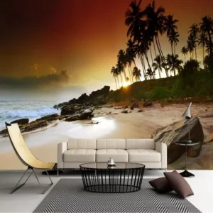 Papel De Parede 3d Paisagem Praia Coqueiro Sol Mar Gg401