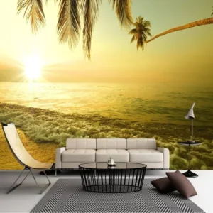 Papel De Parede 3d Paisagem Praia Coqueiro Sol Mar Gg405