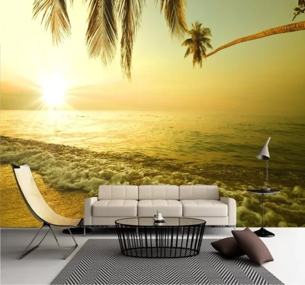 Papel De Parede 3d Paisagem Praia Coqueiro Sol Mar Gg405