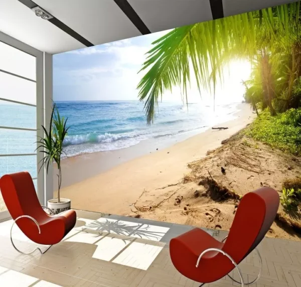 Papel De Parede 3d Paisagem Praia Mar Adesivo Sol Gg293