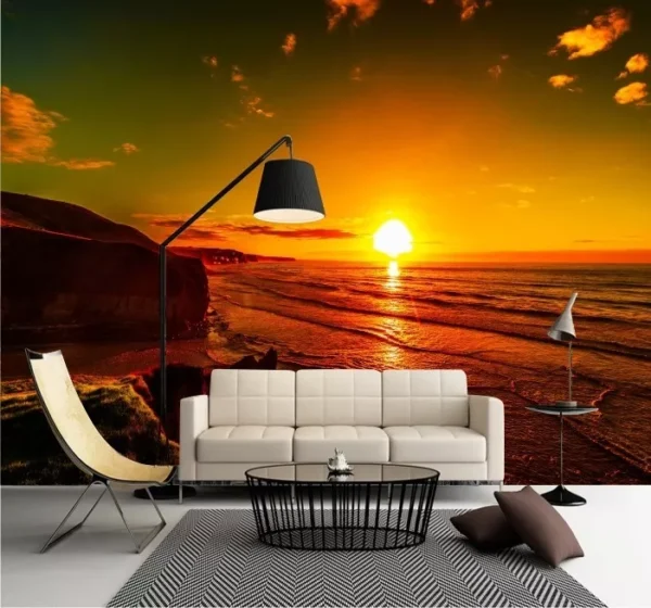 Papel De Parede 3d Paisagem Praia Por Do Sol Mar Gg276