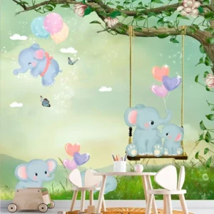 Papel De Parede 3d Safari Infantil Elefante Colorido Cute