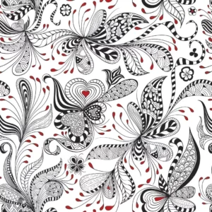 Papel De Parede Ades. Floral Arabesco Preto E Vermelho 1,05m