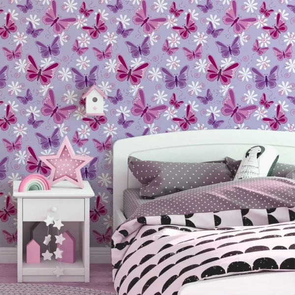 Papel De Parede Ades Fundo Lilas Com Borboleta Rosa Roxo 1,5