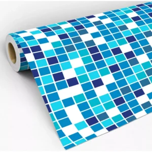 Papel De Parede Adesiv Pastilhas Azul Piscina Xadrez Lavável