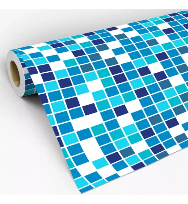 Papel De Parede Adesiv Pastilhas Azul Piscina Xadrez Lavável