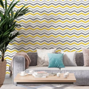 Papel De Parede Adesivo Amarelo Chevron Cinza Listras 2,5m