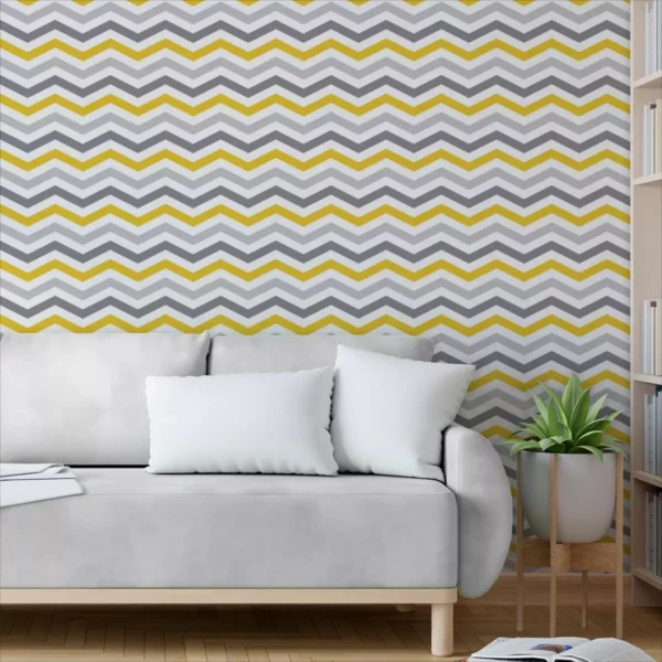 Papel De Parede Adesivo Amarelo Cinza Listras Chevron 10m