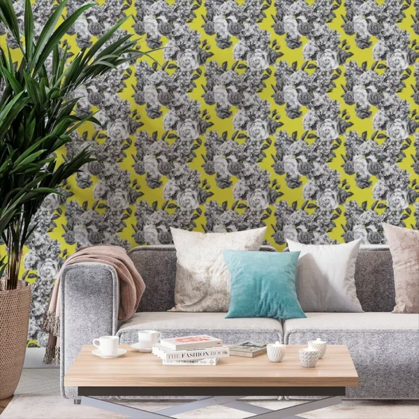 Papel De Parede Adesivo Amarelo Fundo Flor Branco 3m